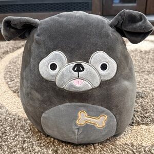 Squishmallows Bongo the Pug Gray Dog Plush with Embroidered Bone. 8”
